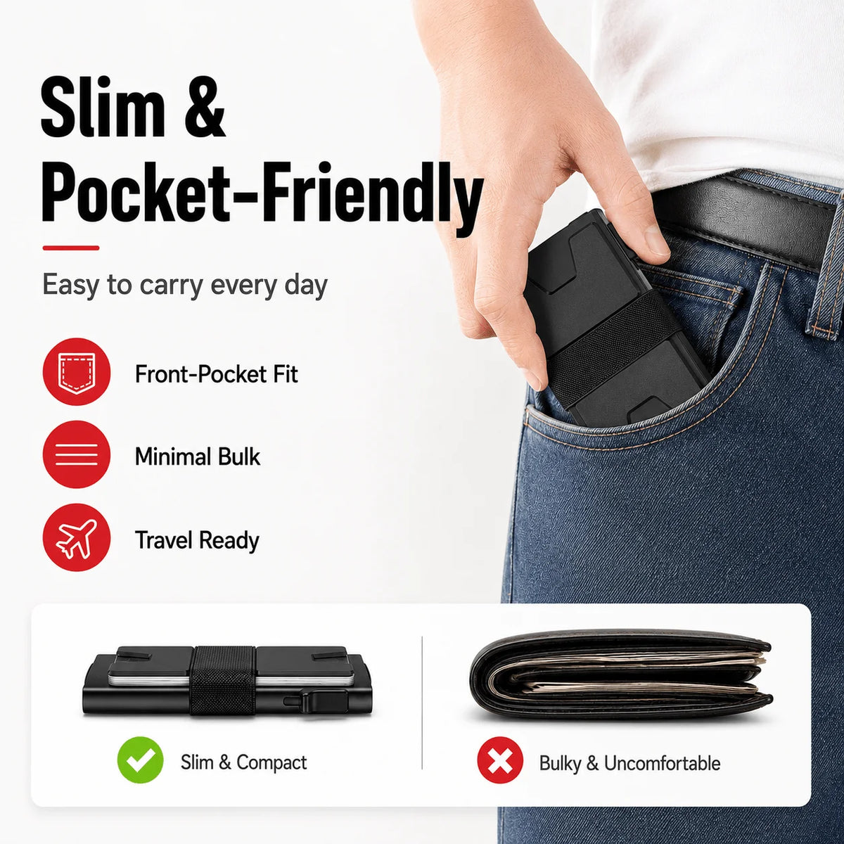 Une main insère un porte-cartes anti-RFID noir minimaliste dans la poche avant d'un jean bleu.