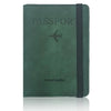 A dark green leather passport wallet with a black strap and a silver airplane emblem.