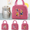 A set of pink insulated canvas lunch bags featuring floral and butterfly designs.