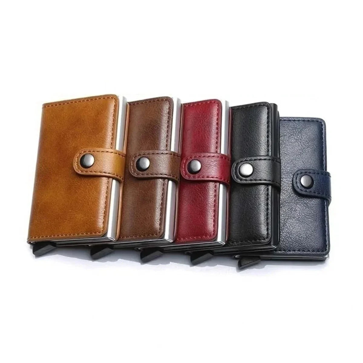 A set of four premium double layer ID card holder wallets in brown, gray, maroon, and black leather.