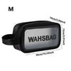 Black waterproof toiletry bag with a clear window showing the brand name WAHSBAG