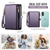 Cartera elegante para pasaporte morada con correa dorada, mostrada junto a un iPhone 16 para comparar el tamaño.