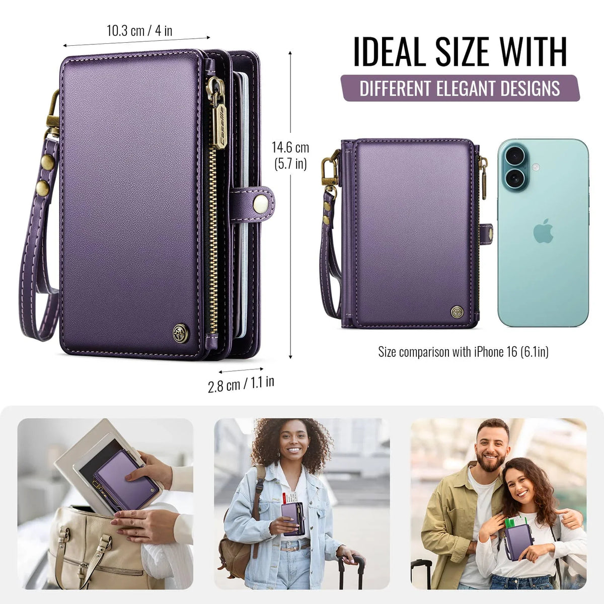 Cartera elegante para pasaporte morada con correa dorada, mostrada junto a un iPhone 16 para comparar el tamaño.