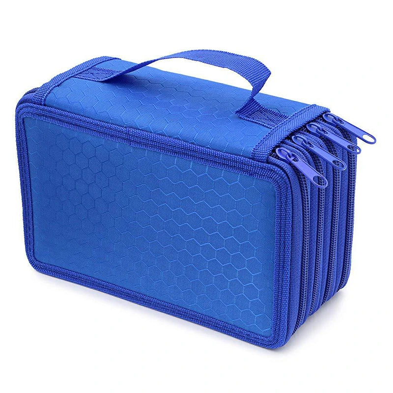 A royal blue pencil case with a zippered closure and multiple dividers.