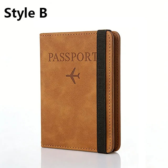 A brown leather passport holder with a black trim, shown in a vertical orientation.