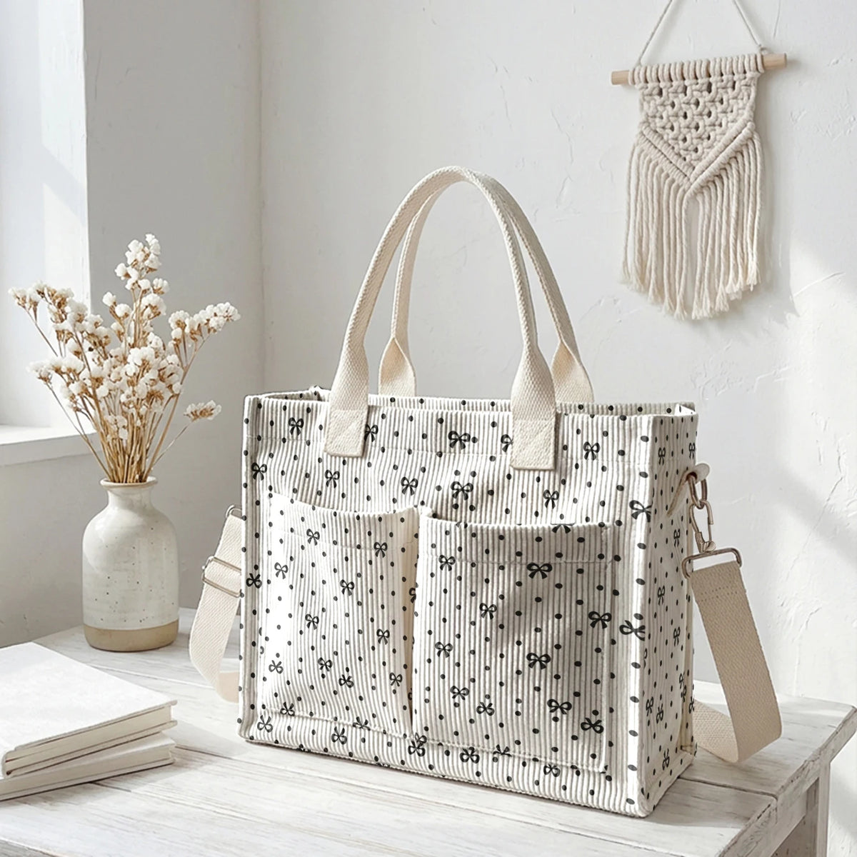 Sac fourre-tout en velours côtelé beige à motif blanc et noir, exposé sur une surface en bois à côté de fleurs séchées.