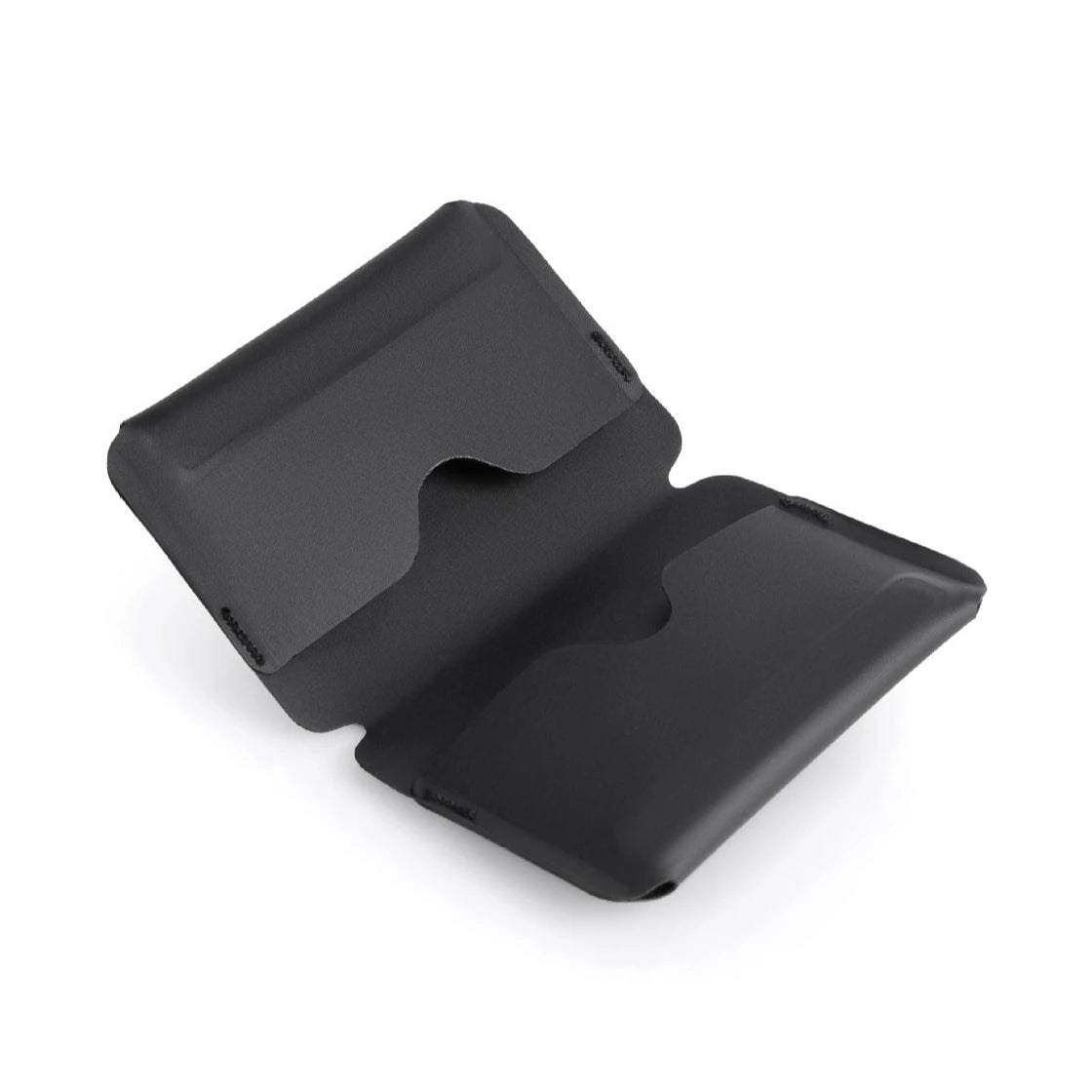 Black magnetic foldable ID card holder and coin purse shown open