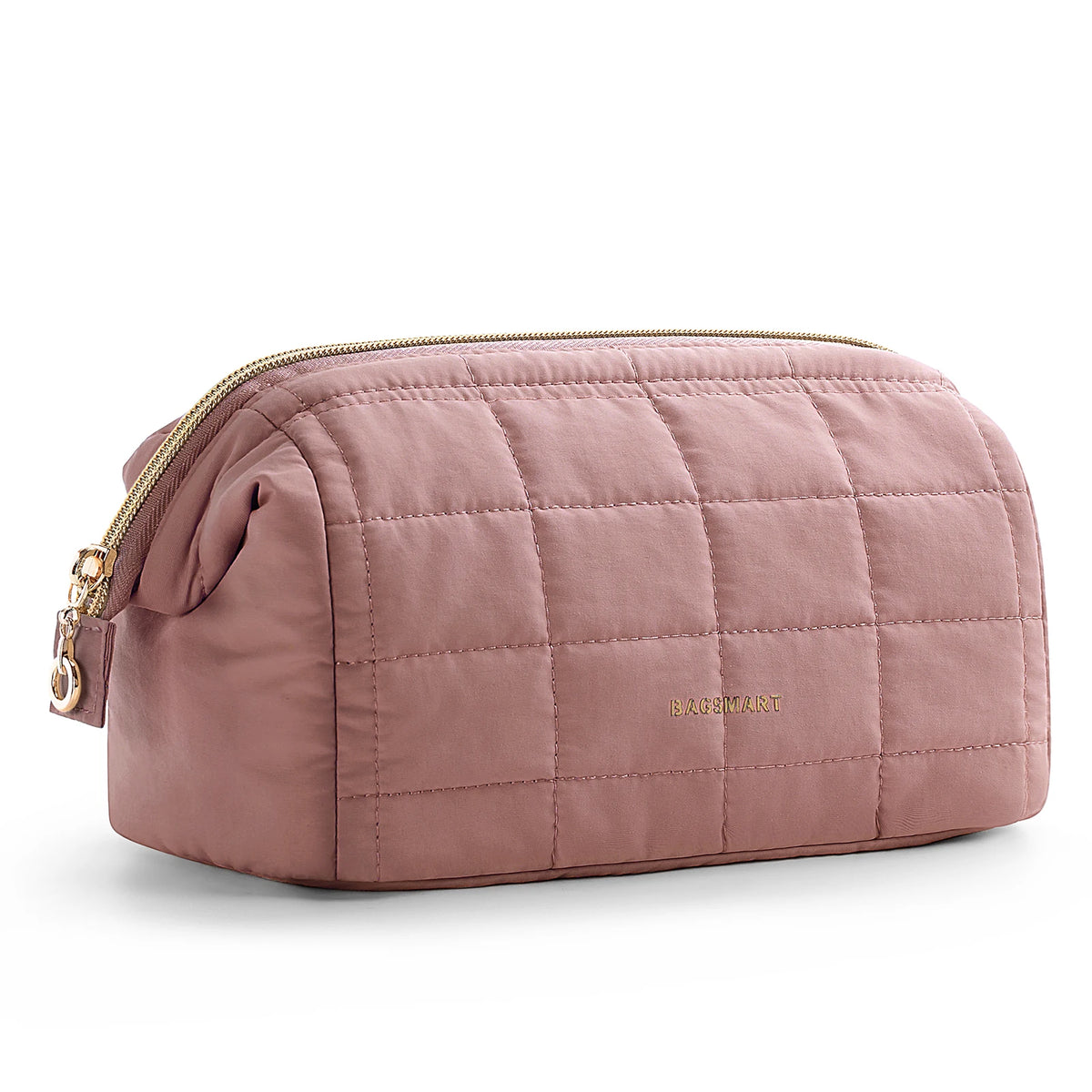 A mauve padded makeup bag with a wide-open design and gold zipper detail.