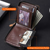 A brown leather card clip wallet showing photo pockets and a snap closure coin pocket.