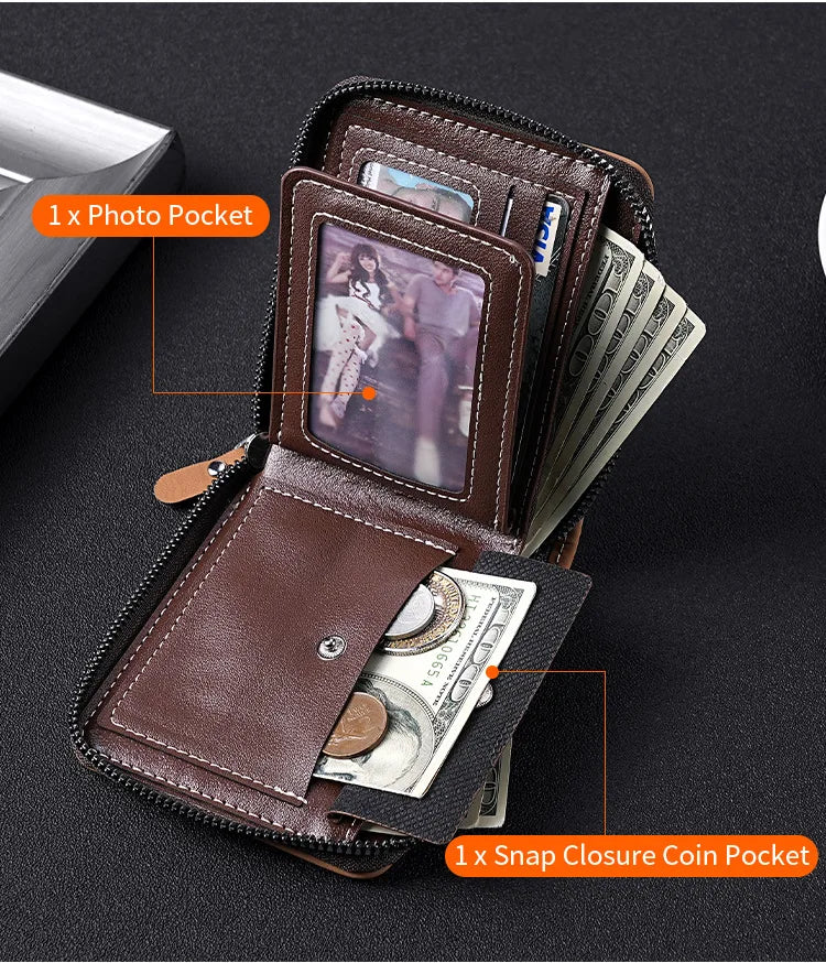 A brown leather card clip wallet showing photo pockets and a snap closure coin pocket.