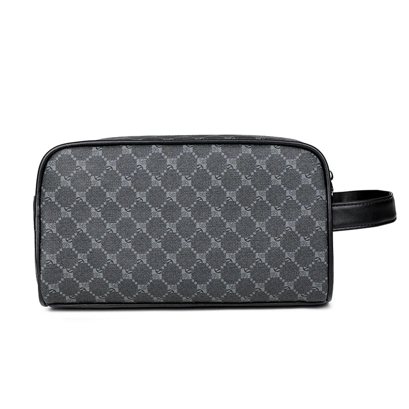A black PU leather crossbody bag with a subtle gray geometric pattern.