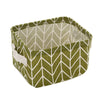A square, olive green storage basket made of folded cotton linen with a white chevron pattern.