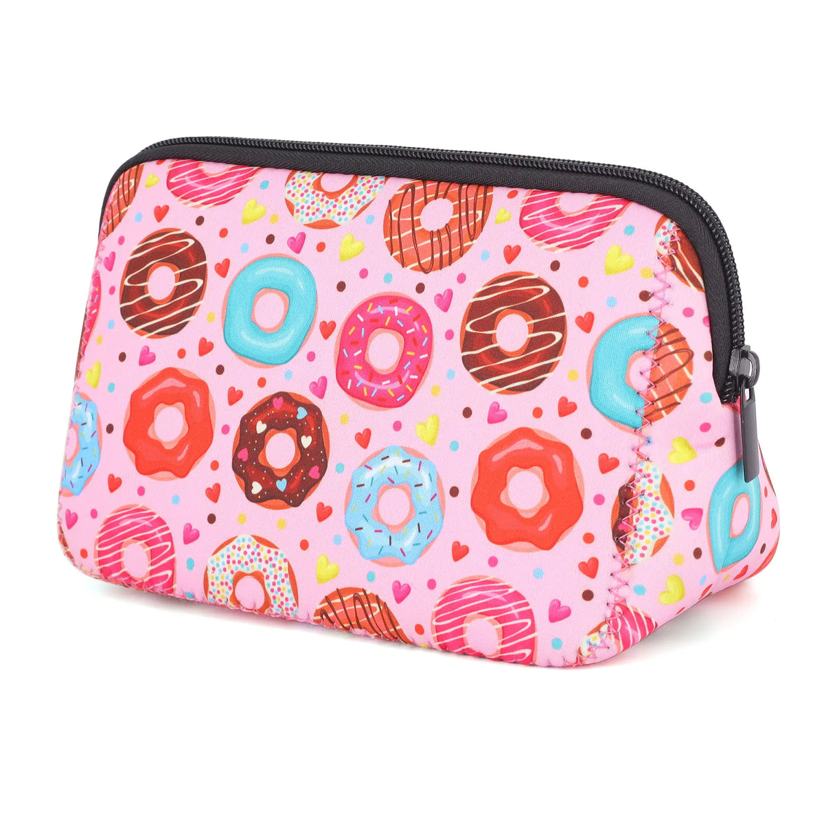 A pink cosmetic organizer bag featuring a pattern of colorful donuts on a pink background.