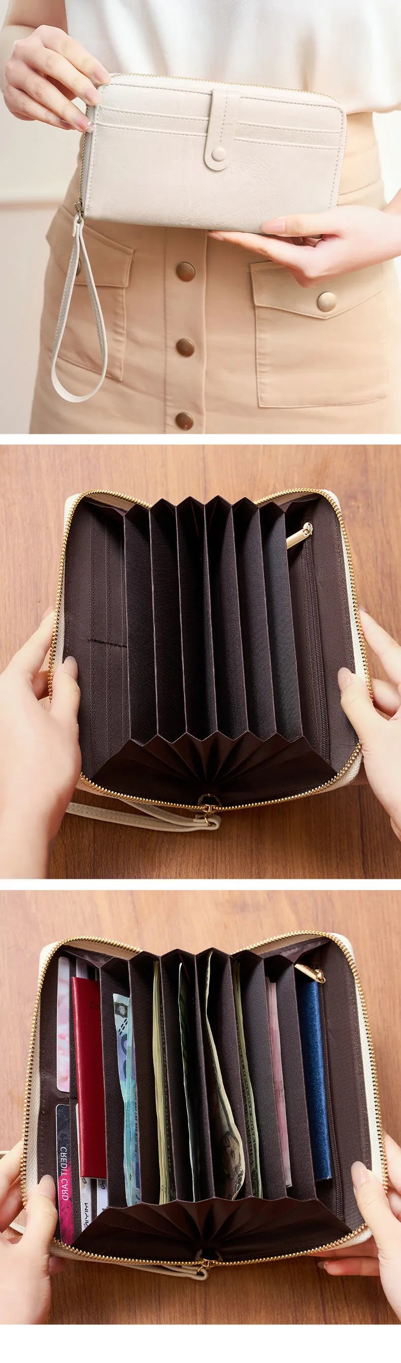 A close-up of a tan PU leather zipper clutch wallet being held and shown open, displaying various cards and items.
