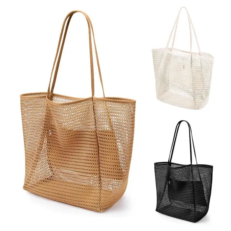A woven beige mesh beach tote bag with woven shoulder straps.