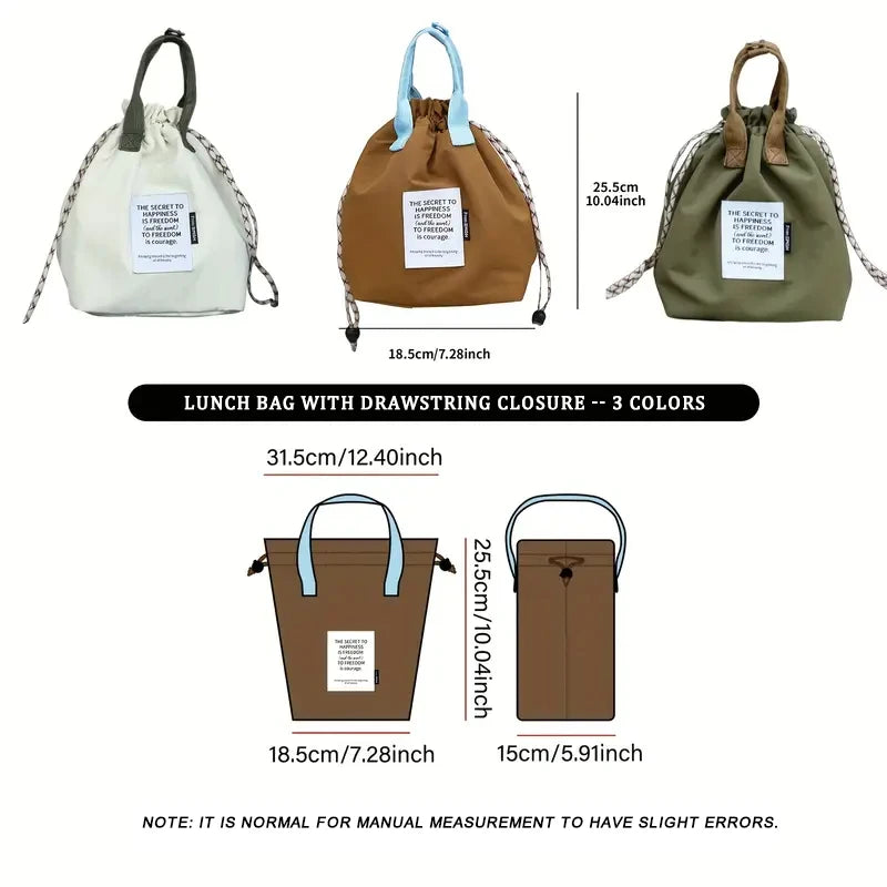 Three colored waterproof insulated lunch bags shown in various styles and sizes with drawstring closures.