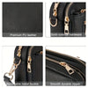 Close-up views of a black PU leather crossbody bag showing gold hardware, a removable metal buckle, and a smooth durable zipp