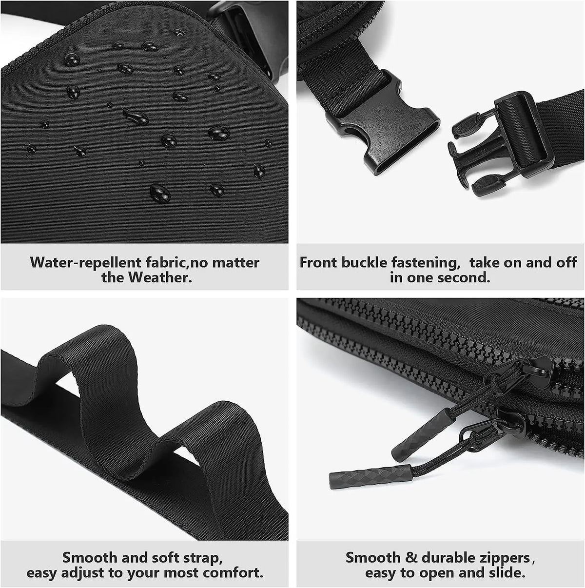 Black multi-functional crossbody storage bag with fabric and zipper pockets shown in various angles