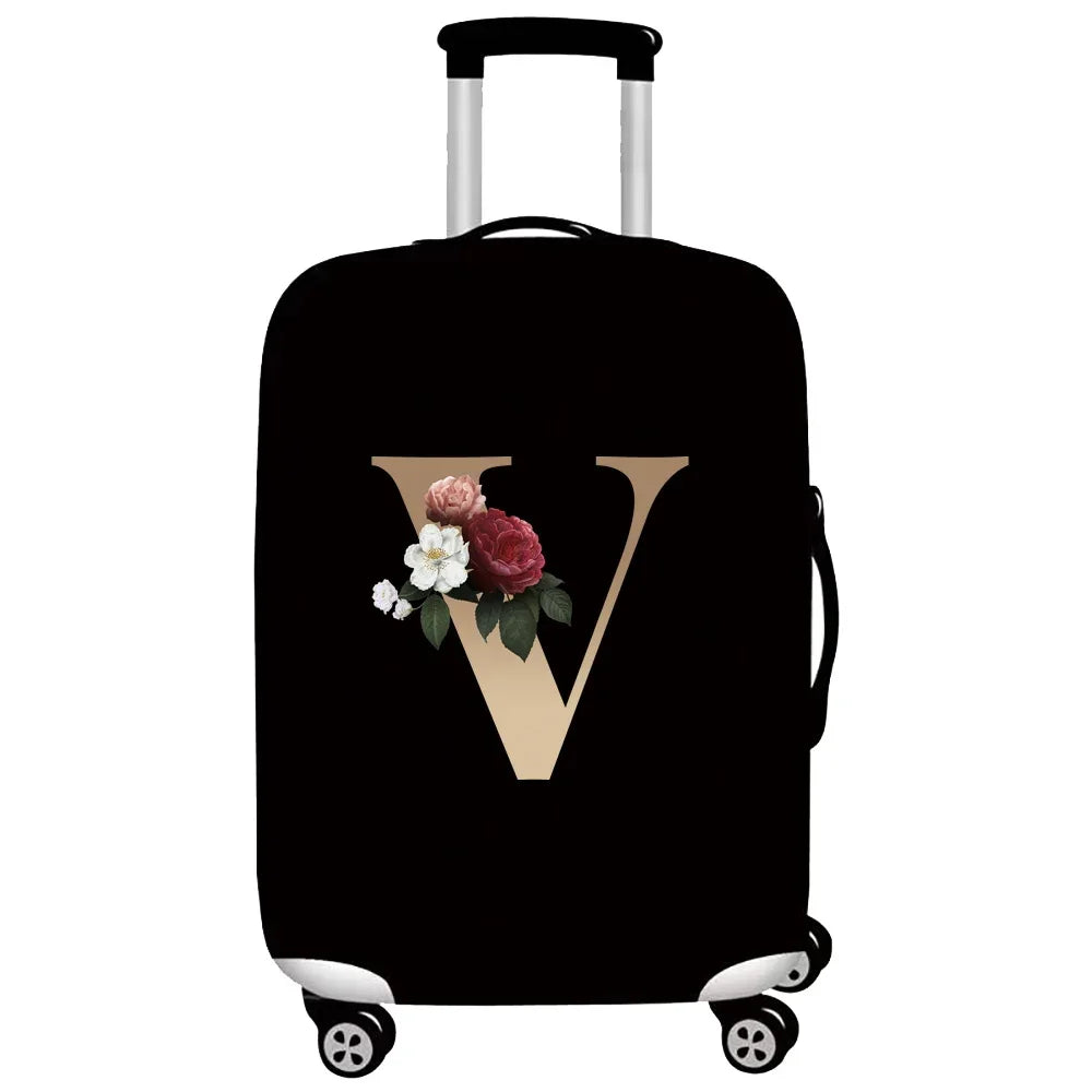 Black premium stretch luggage protective cover with a large letter V design