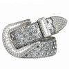 Silver decorative Western buckle belt featuring pave-set crystals and silver metal.