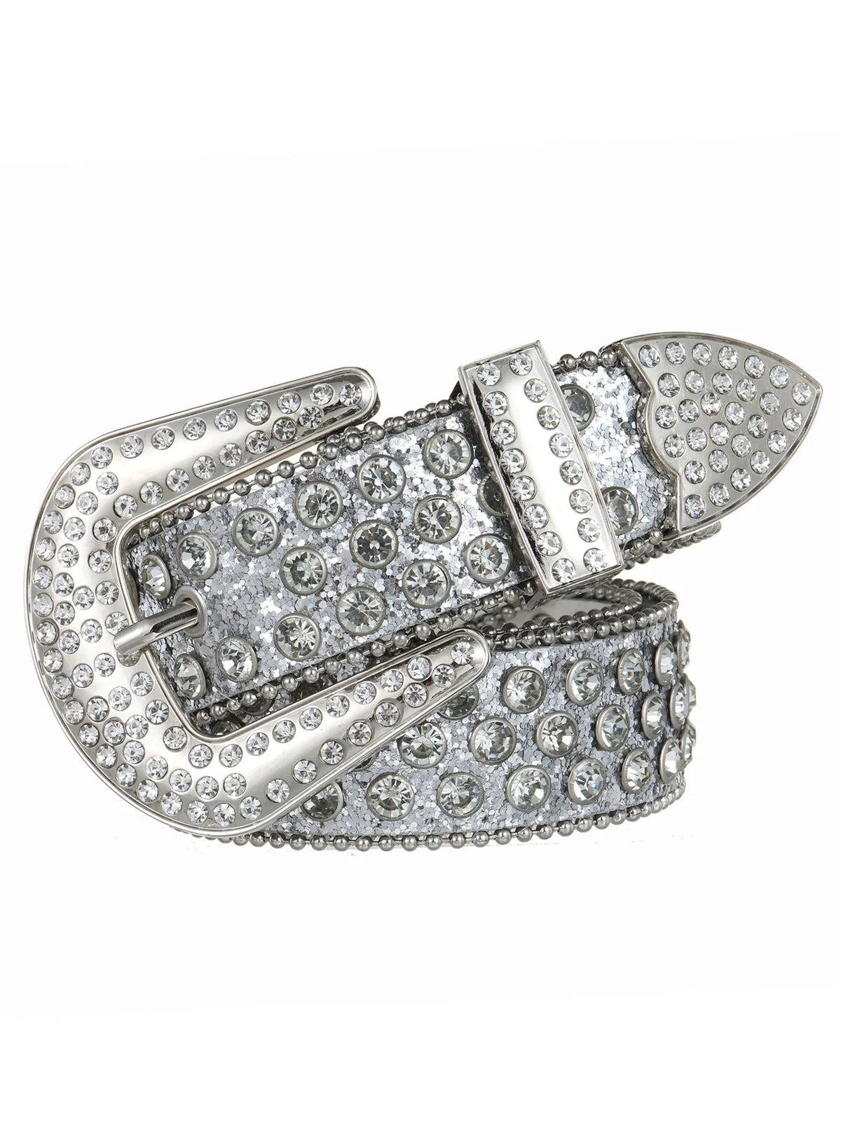 Silver decorative Western buckle belt featuring pave-set crystals and silver metal.