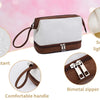 A brown and white PU leather cosmetic organizer bag with a leather handle, showing features like water resistance and a bimet