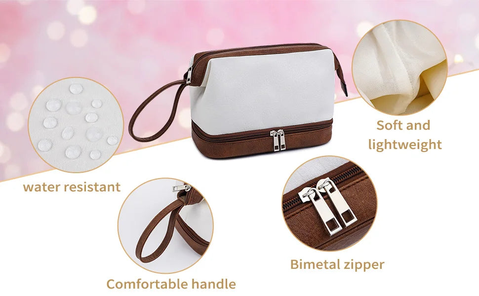 A brown and white PU leather cosmetic organizer bag with a leather handle, showing features like water resistance and a bimet