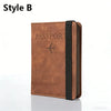 A brown leather passport holder with a black sleeve and embossed text on the cover.