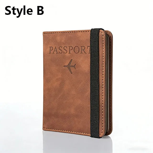 A brown leather passport holder with a black sleeve and embossed text on the cover.