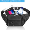 A black adjustable waist bag is shown with a Mini iPad and a bottle secured by a key.