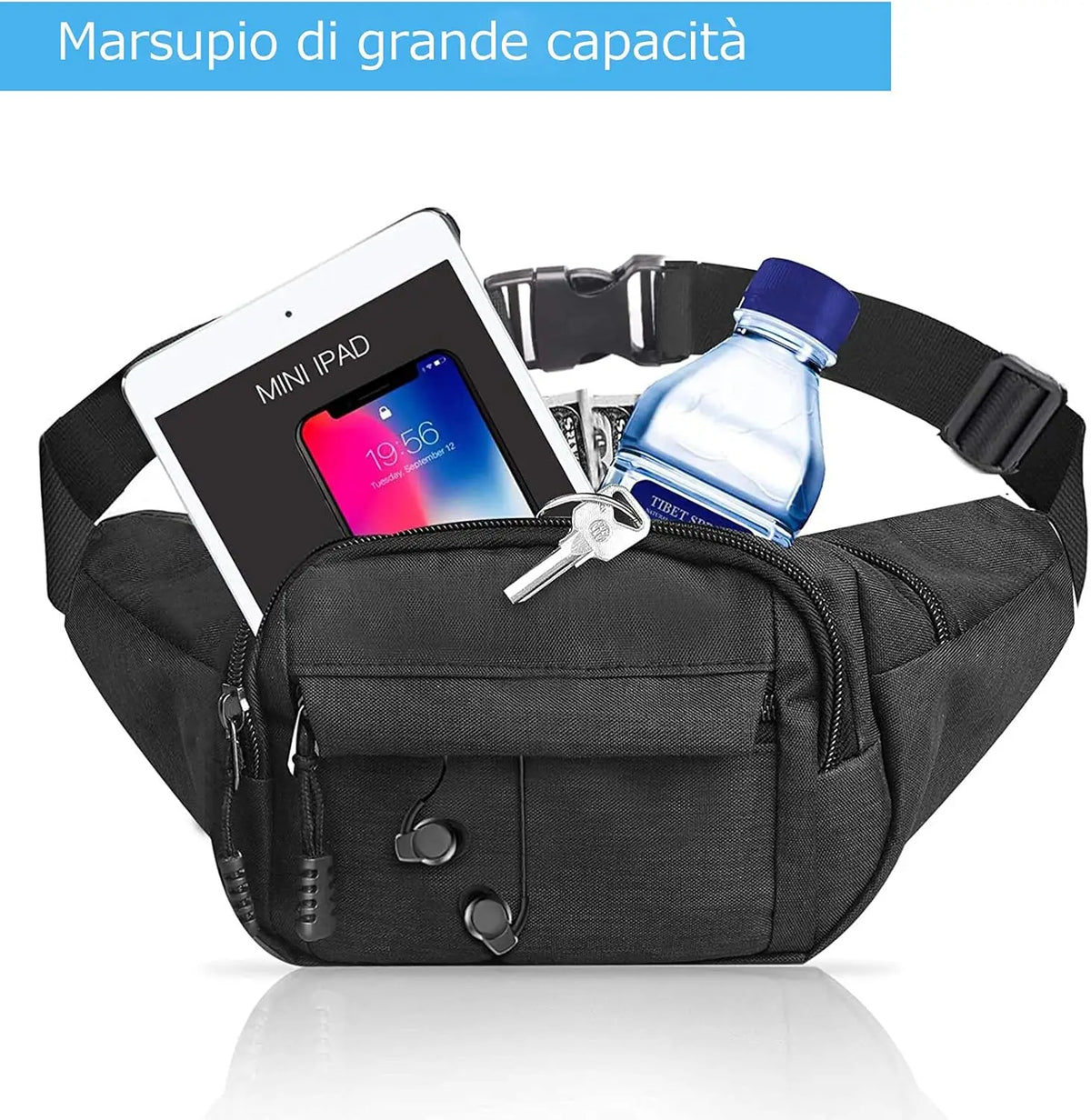 A black adjustable waist bag is shown with a Mini iPad and a bottle secured by a key.