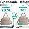 A woman holds an expandable lightweight travel duffle bag, showing its size increase from 23.5L to 30L.