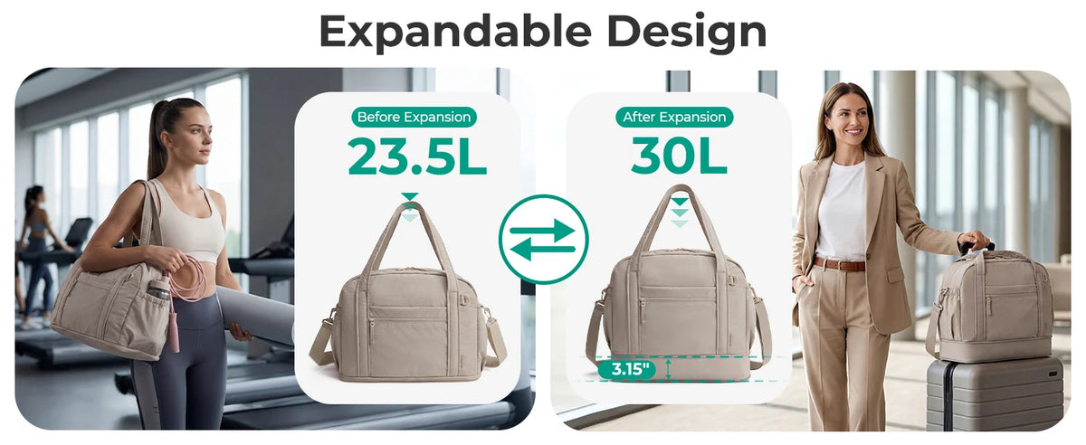 A woman holds an expandable lightweight travel duffle bag, showing its size increase from 23.5L to 30L.