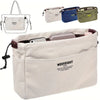 A beige canvas storage organizer bag with multiple color options and internal compartments.