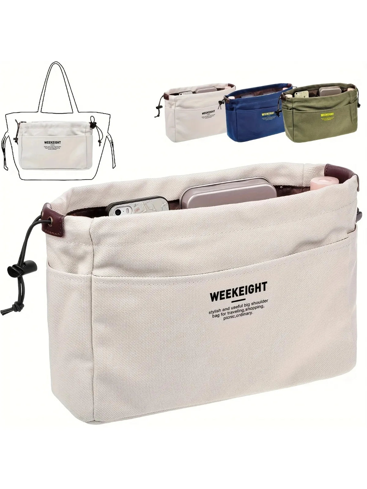 A beige canvas storage organizer bag with multiple color options and internal compartments.