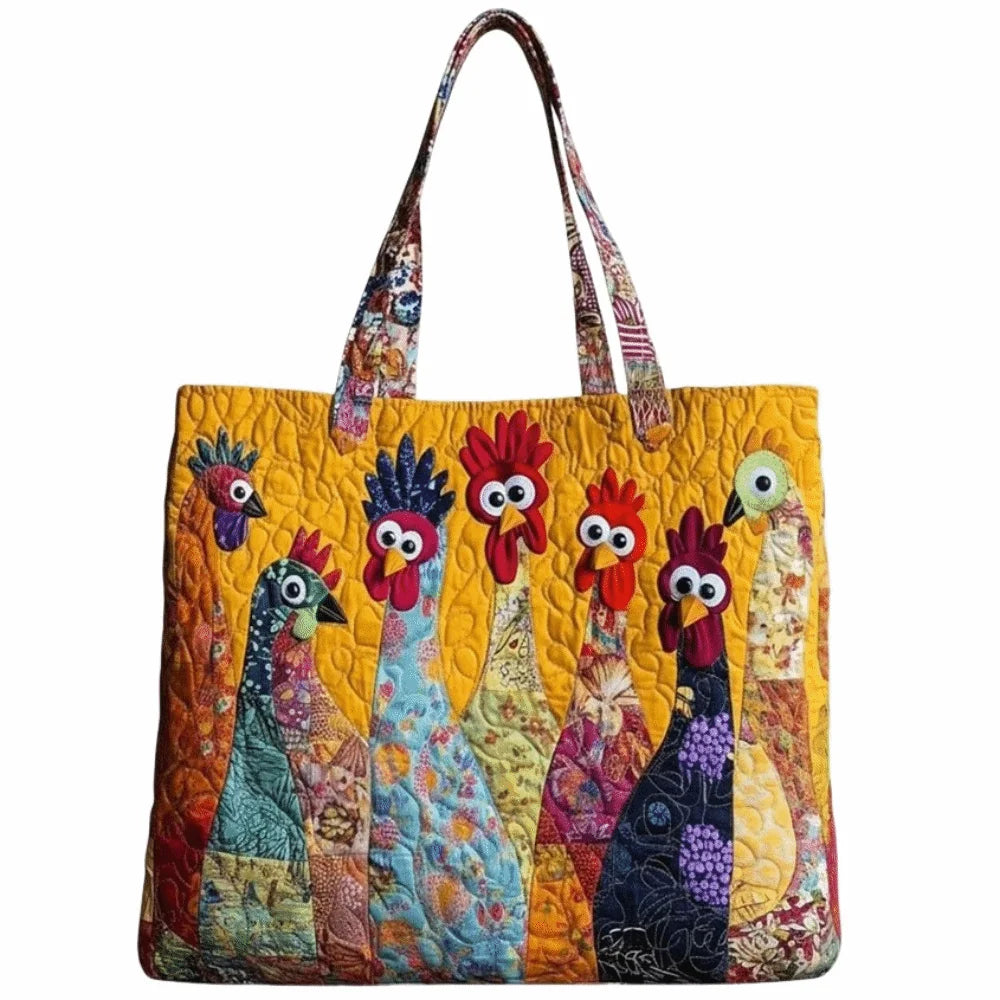 Bolso de tela acolchado amarillo con diseños bordados de pájaros coloridos.