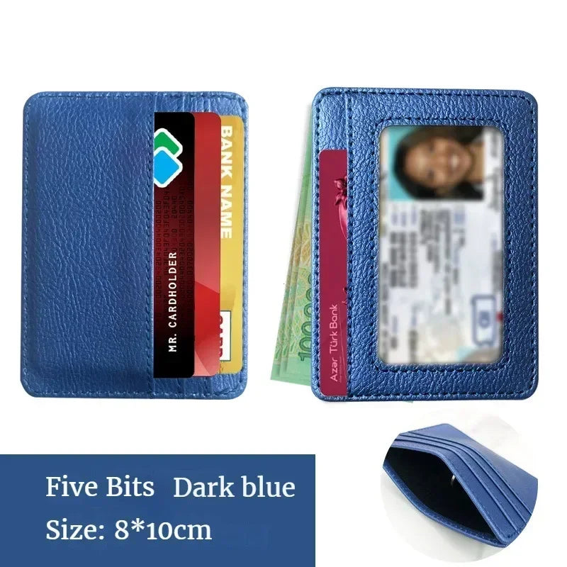 A dark blue slim PU leather mini wallet for cards and ID featuring a card holder and an ID slot.