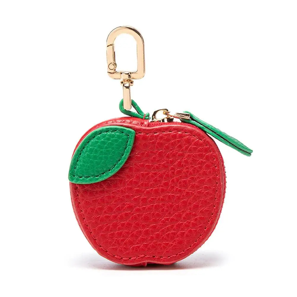 Rote Apfelanhänger Münztasche Schlüsselanhänger mit goldener Schnalle und grünem Blattdetail