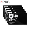 Five black RFID blocking cards stacked together for protection of wallets and documents
