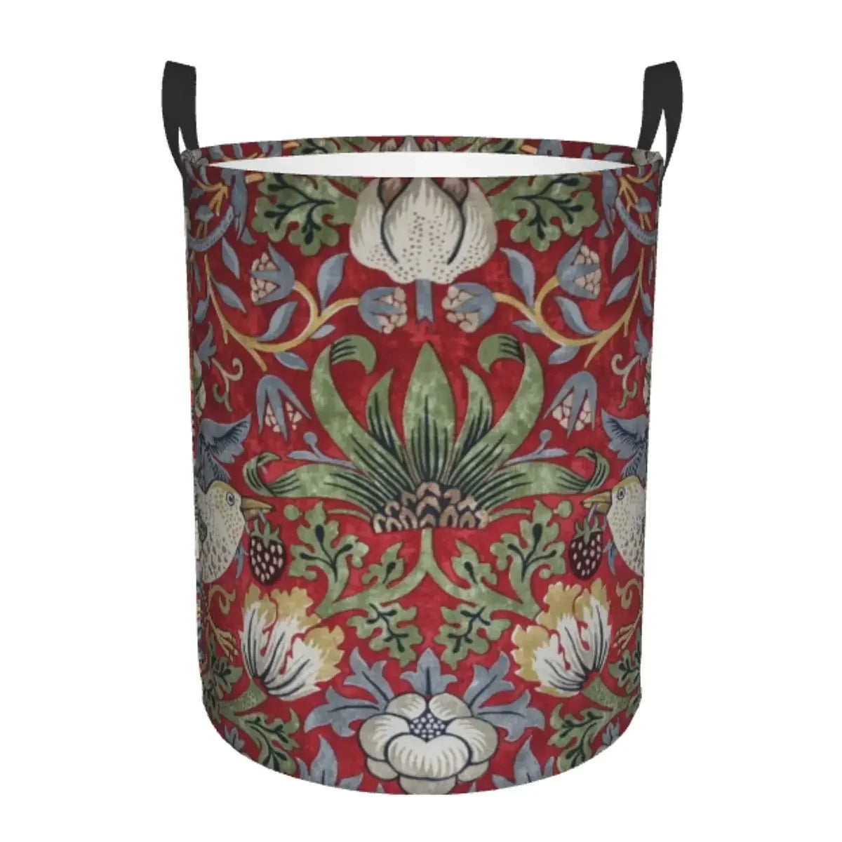 A vintage floral laundry hamper with a red background featuring green and blue foliage patterns.