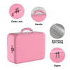 Pink fireproof multi-layer document organizer box showing various components like a code lock handle and zipper