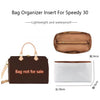A brown bag organizer insert for Speedy 30 featuring a leather shoulder strap and a white insert.
