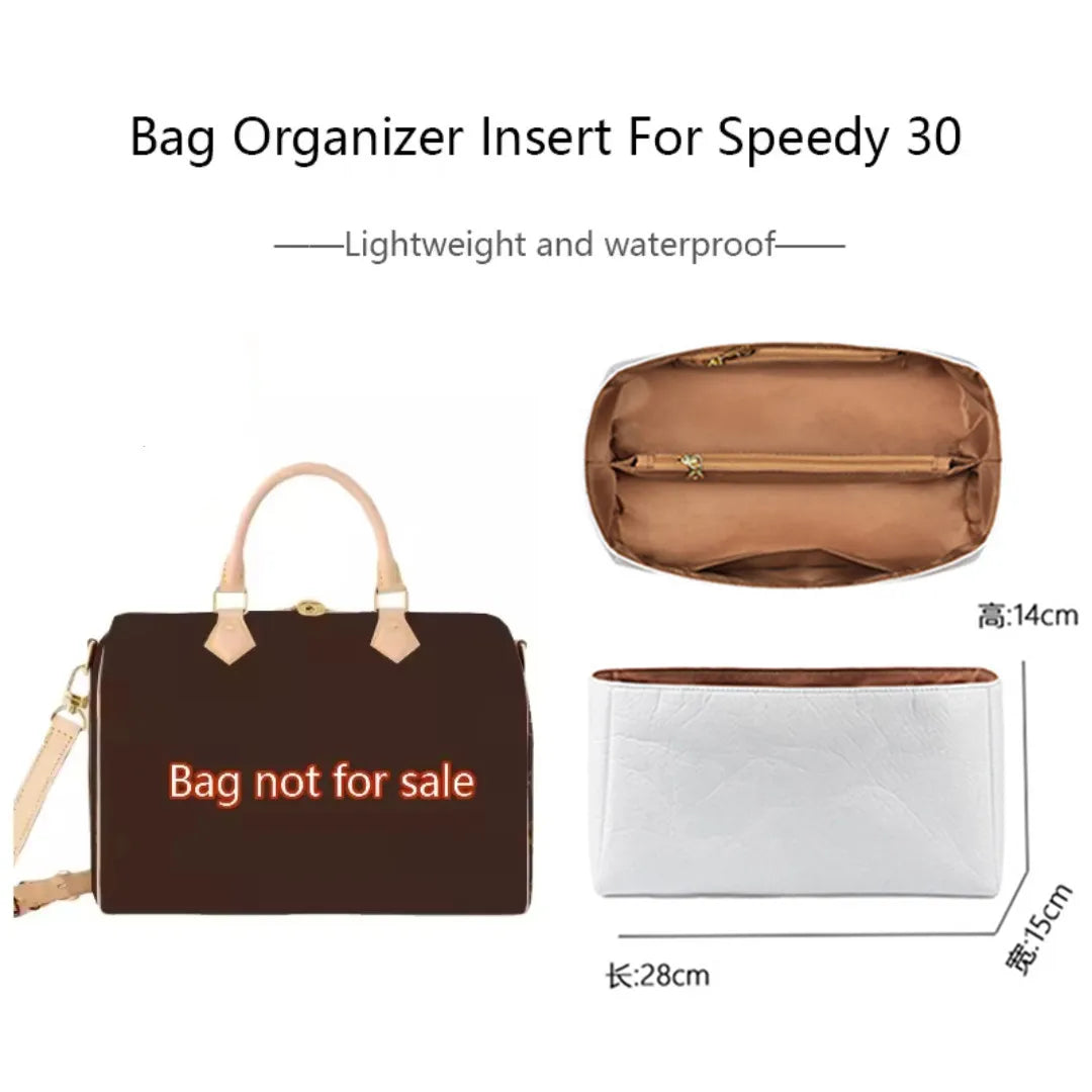 A brown bag organizer insert for Speedy 30 featuring a leather shoulder strap and a white insert.