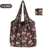A reusable eco tote shopping bag with a brown and white patterned fabric.