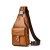 A brown men's PU leather belt sling chest bag with a black strap and silver buckle.