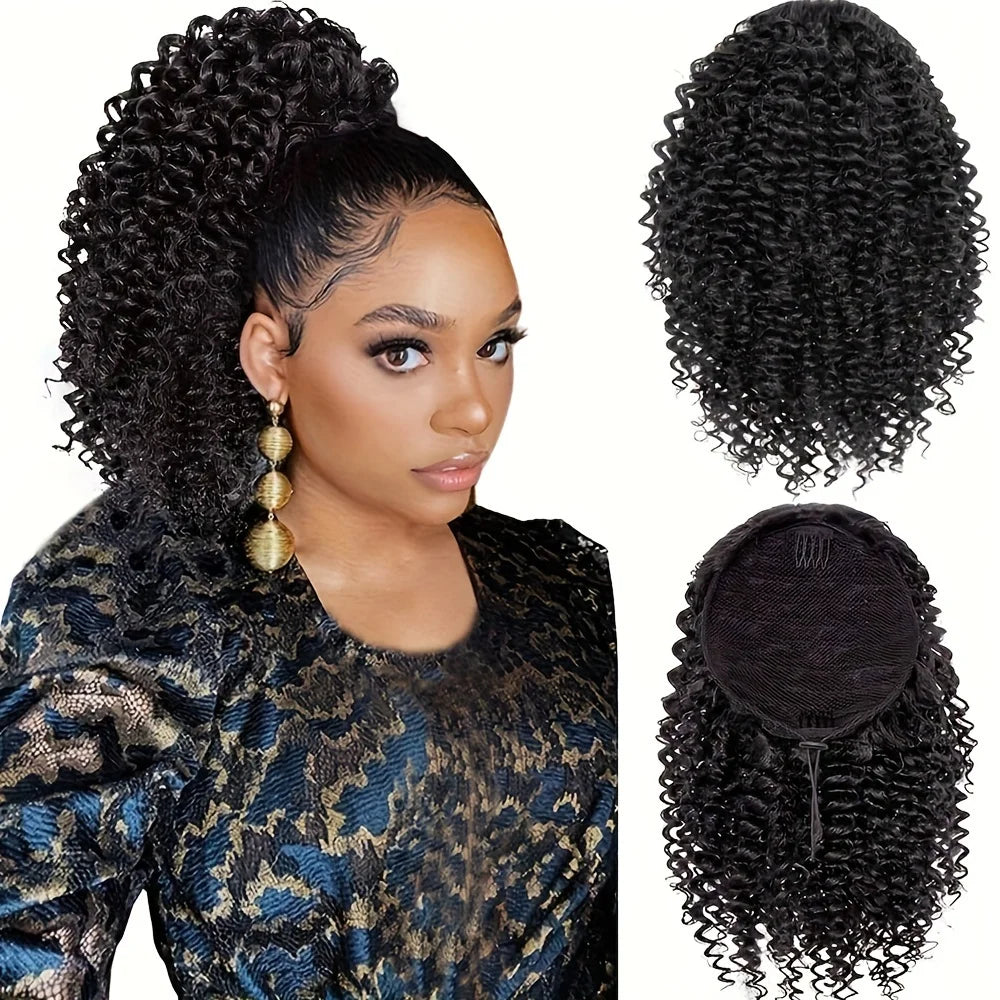 A close-up of a woman wearing 14-inch kinky curly drawstring hair extensions with a gold braid and a black curly ponytail.