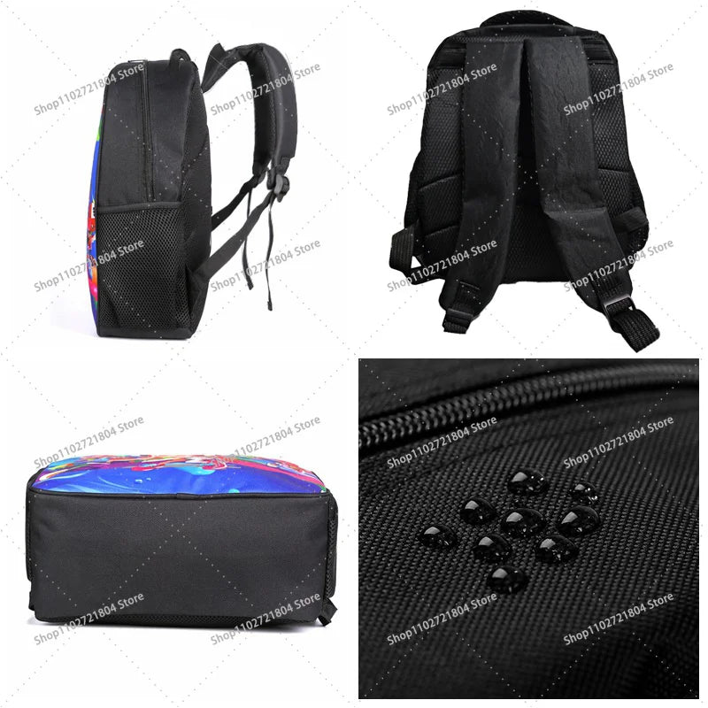 Black capacity backpack with anime print and black strap shown from the side and top view.