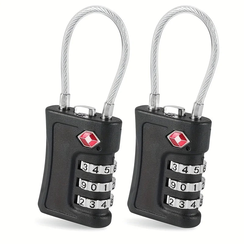 A pair of black TSA compatible 3-digit travel locks with silver wire handles and numbered dials.