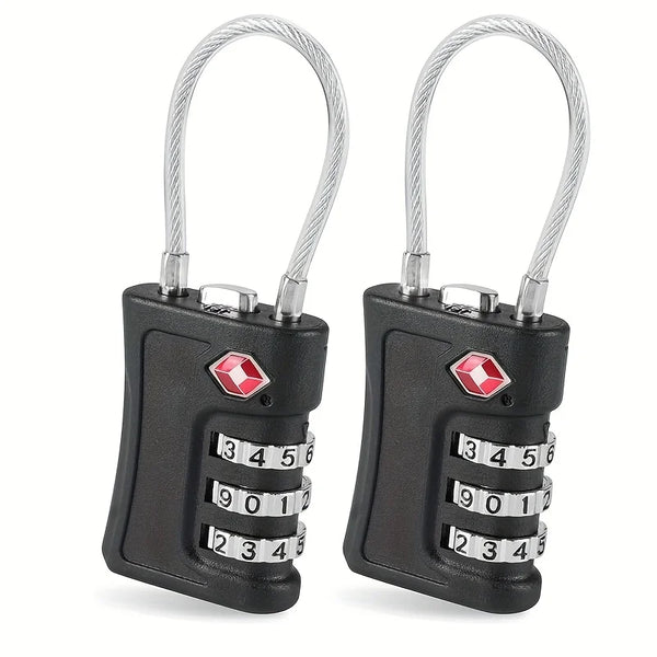 A pair of black TSA compatible 3-digit travel locks with silver wire handles and numbered dials.