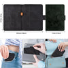 Cartera/porta pasaporte de cuero PU negro genuino, mostrada desde varios ángulos y contextos.